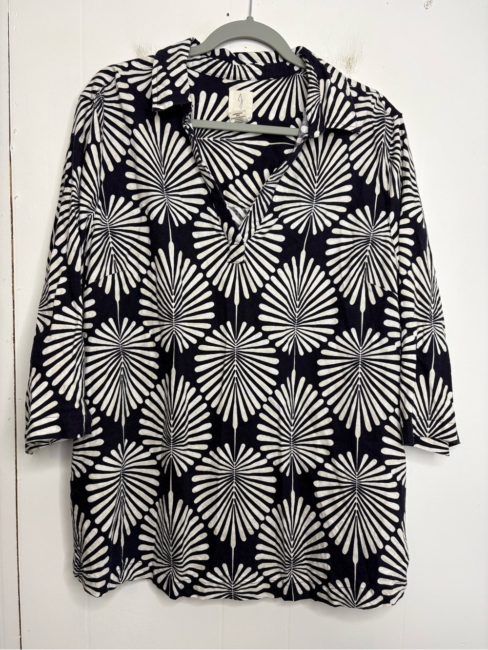 Joie Top Womens 1X Popover Linen Blend Navy Leaves Button Sides Beachy Coastal